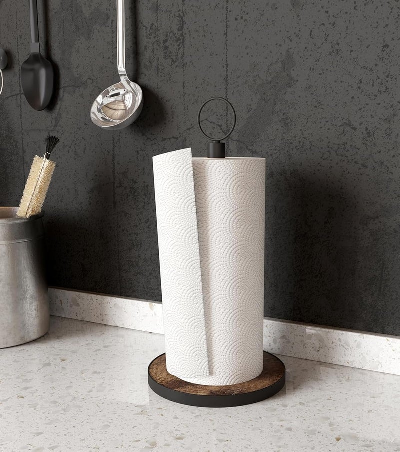 OROPY Paper Towel Holder Countertop with Heavy Duty Wood Base, Farmhouse Paper Towel Roll Stand for Kitchen Counter fits Standard and Jumbo Size Paper Towels (Brown) - Image 1